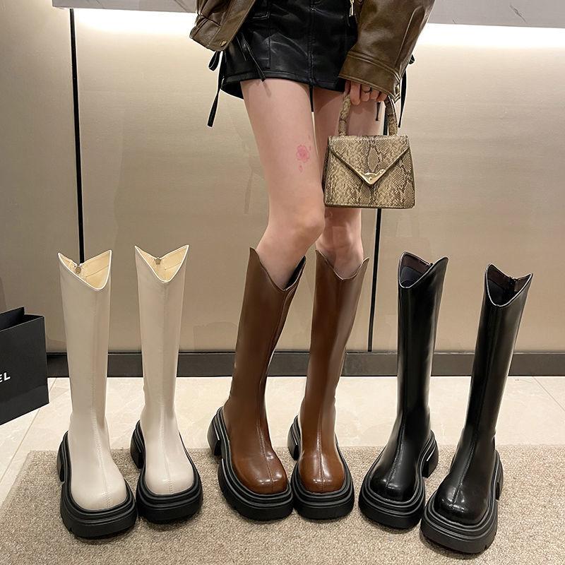But knee boots women's 2025 spring and autumn new Korean version versatile high boots rear zipper thin boots medium boots