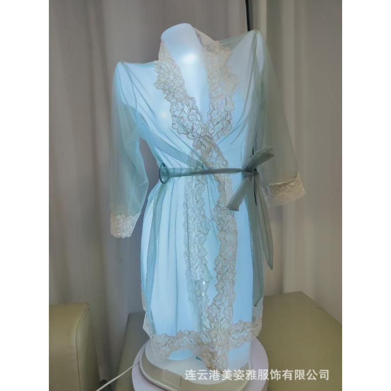 

New sexy pajamas transparent mesh ice silk nightdress with chest pad pure desire style bow lace set abstinence average size