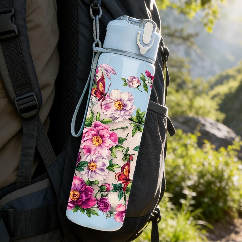 1PC Mixed Pink Peony Flower Bouquet Print 750ml Color Plastic Sports Water Bottle Leakproof Flip Straw Lid Suitable for Sports Office Home Use