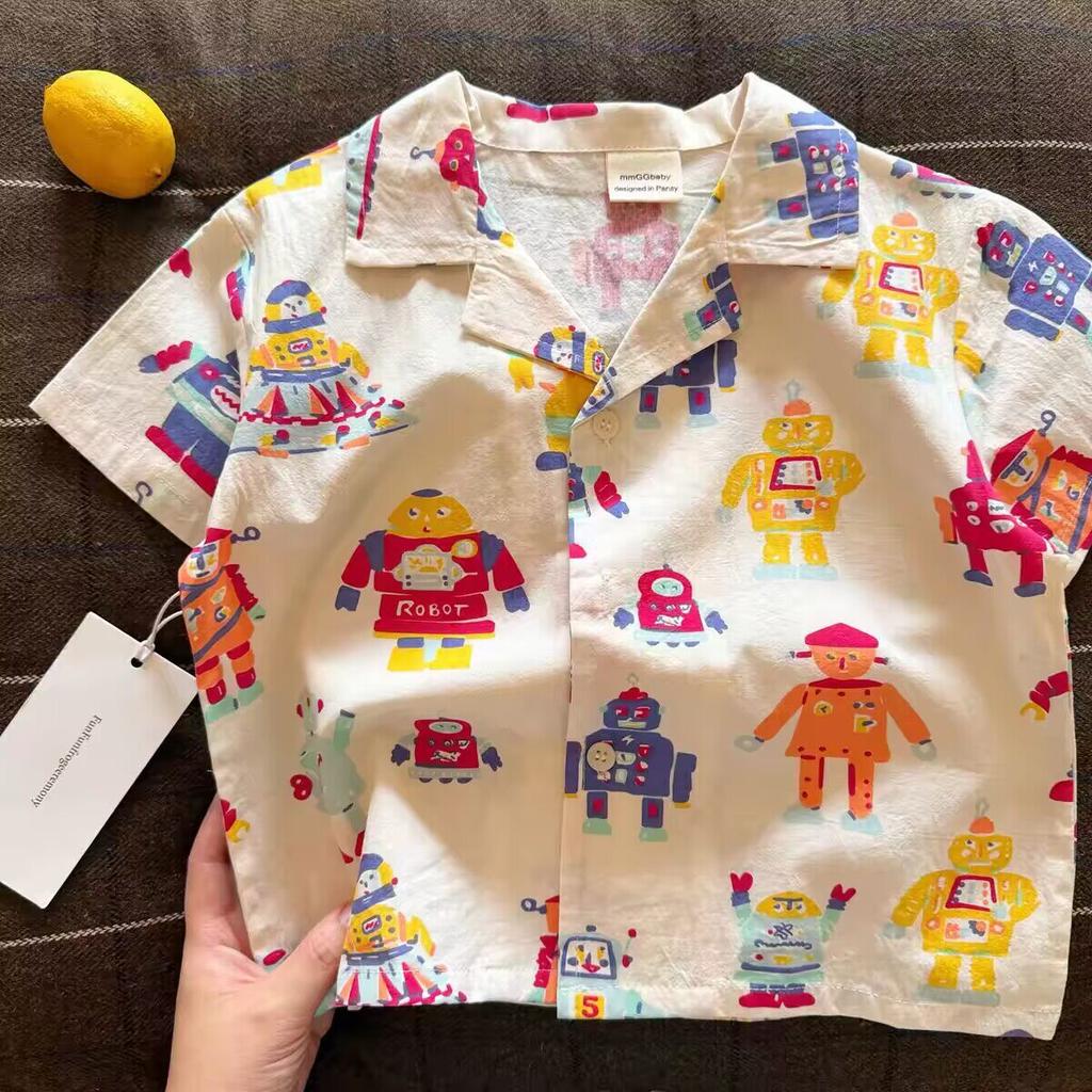Kids Summer Cotton Short Sleeve Cartoon Print Shirt for Boys and Girls Lightweight Fun Top