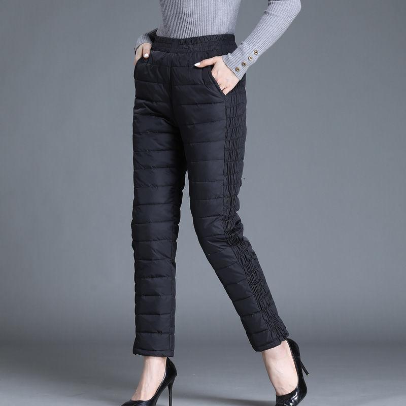 Autumn and Winter Plus Size Women's Solid Colour Padded Thickened Elastic Waist Hundred Warm Straight Elastic Solid Colour Casual Trousers