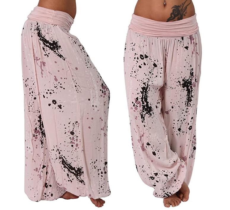 Women Casual Boho Print Pants Wide Leg Pants Loose Pocket Button Pants