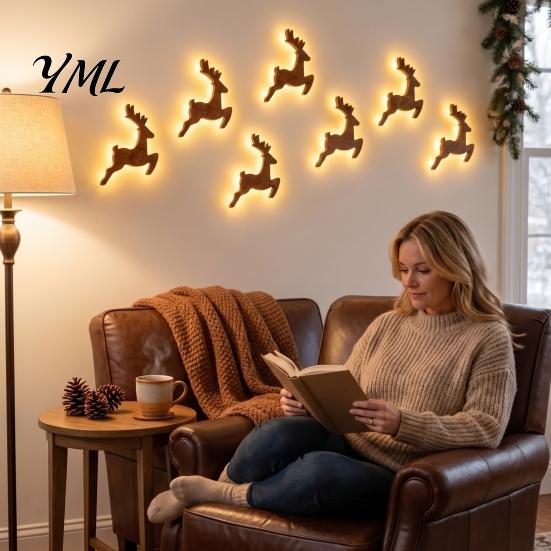 Seasonal Interior Wall Lighting LED Reindeer Decoration, 3D Light-Up Wooden Christmas Glow Silhouette Lights, Warm Backlit Lighted Art Peel And Stick