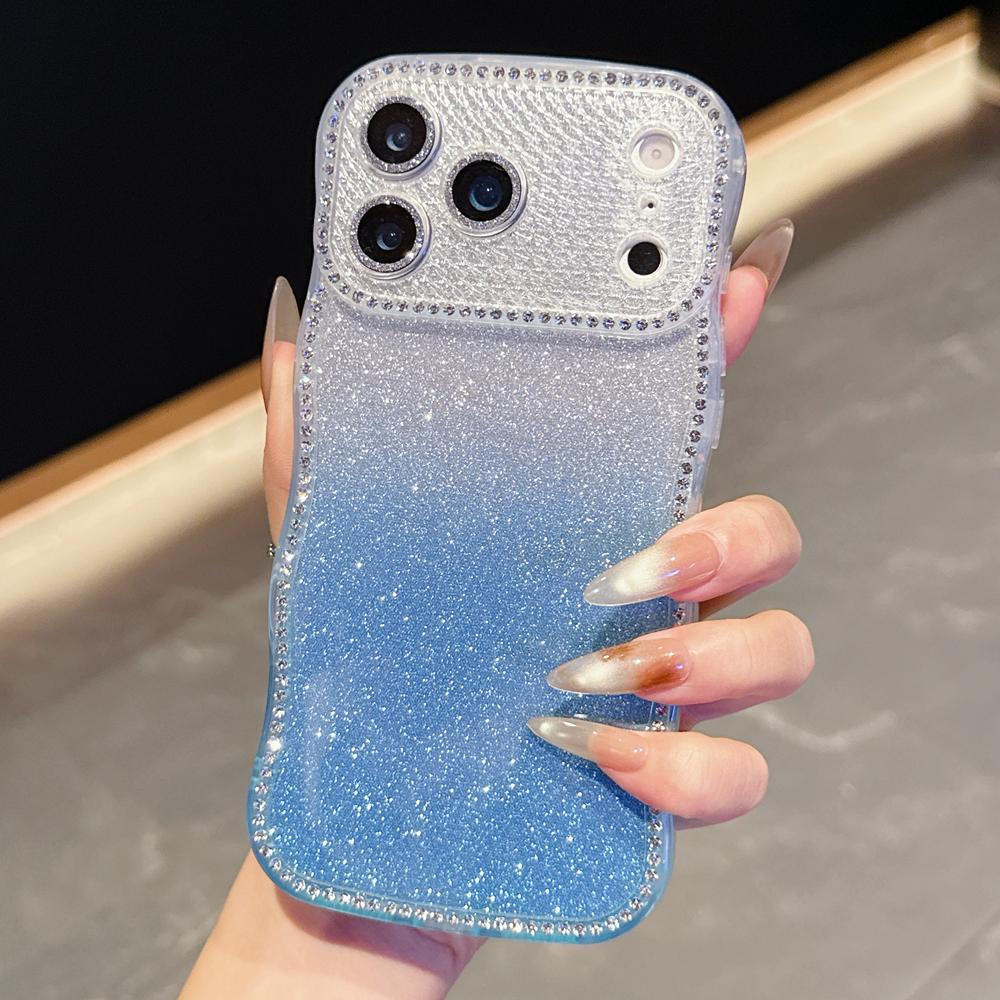 KEYSION Gradient Glitter Jewelled Phone Case for iPhone 16 17 Pro Max Air 16 Plus Wavy Border Lens Protector Shockproof Cover
