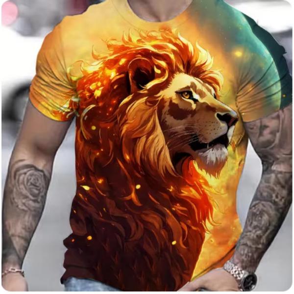 Summer Casual Men's Clothing Oversized Loose Lion Pattern Printed Short Sleeved Round Neck Fitness T-shirts