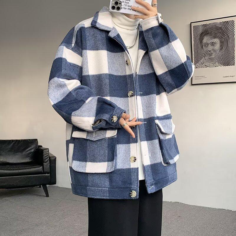 

Men s Plaid Woolen Coat - Trendy Loose Fit for Autumn/Winter, Korean Style, Casual and Handsome. XXL синій