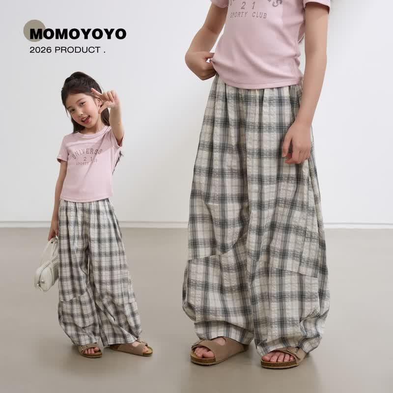 Kids Color-block Plaid Loose Wide-Leg Pants 150