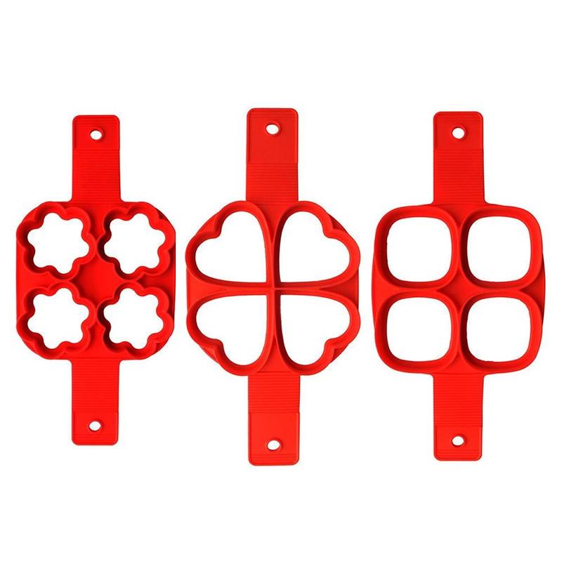 4-Cavity Silicone Pancake Mold Set - Heart/Flower/Square Shapes Egg Ring Non-Stick Baking Tool Cooking Accessories
