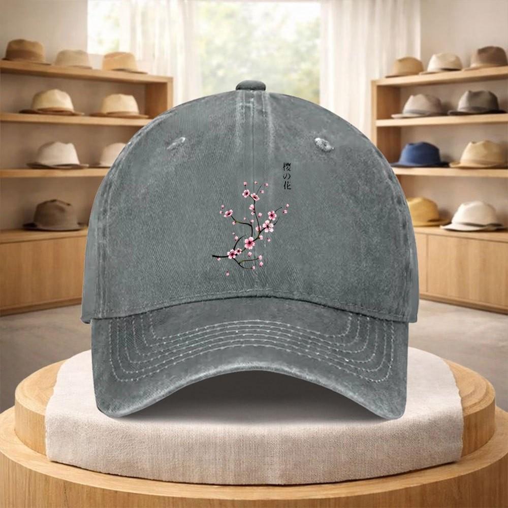 Cherry Blossom Baseball Cap Washed Denim Street Fashion Adjustable Hat for Unisex Adults