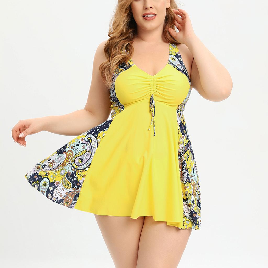 Women's Plus Size Split Drawstring Skirt Swimming Costume With Bra Pad And No Steel Bra