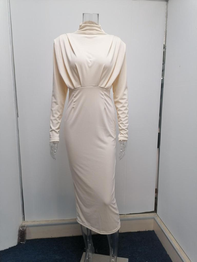 Mote Elegant Langermet Slim Fit Kjole Høst Ny Halvhøy Krage Løs Casual Enkel Lange Kjoler Ensfarvet Streetwear Høy Midje Klær