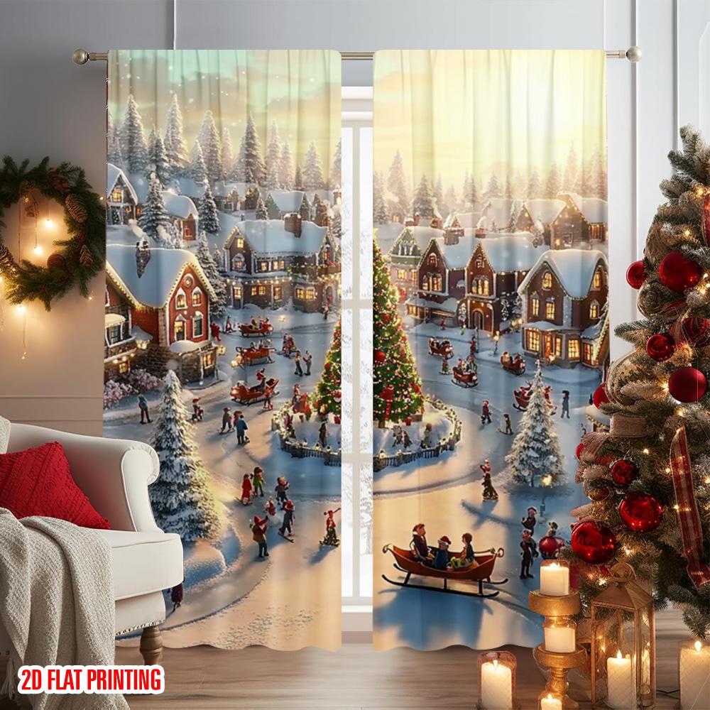 2pcs 2D Flat Printing Christmas Window Drapes Winter Village Versatile Durable Polyester Without Electricity Spring Party &