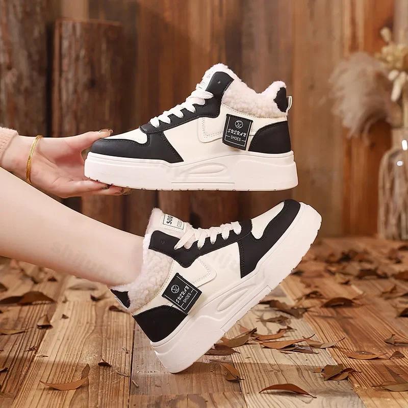 Winter Sports Shoes, Women's New Style with Fleece Insulation, High Top Cotton Shoes, Lace Up Thick Soled Casual Sports Shoes