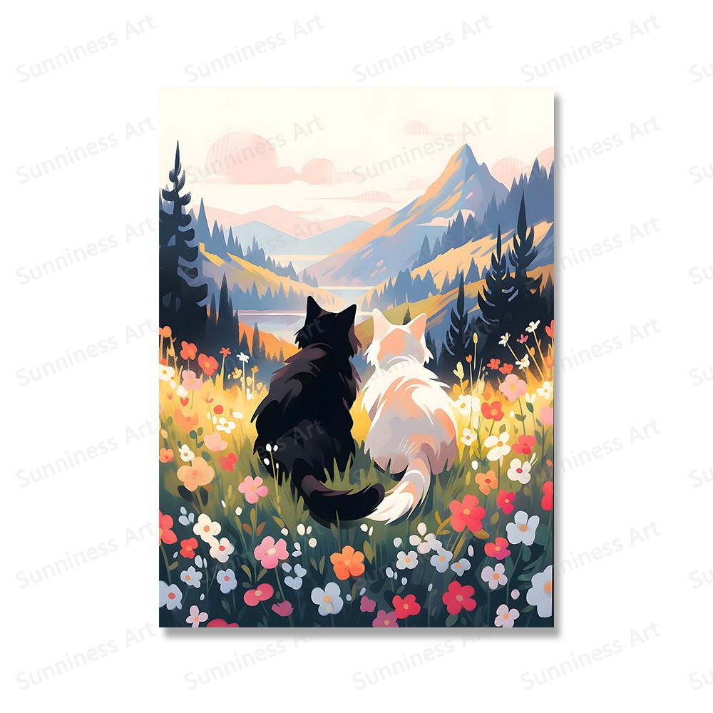 Valentinstag Geschenk Romantische Schöne Katze Paar Sonnenuntergang Strand Poster Leinwand Malerei Wand Kunst Druck Mama Geschenk für Zimmer Home Decor