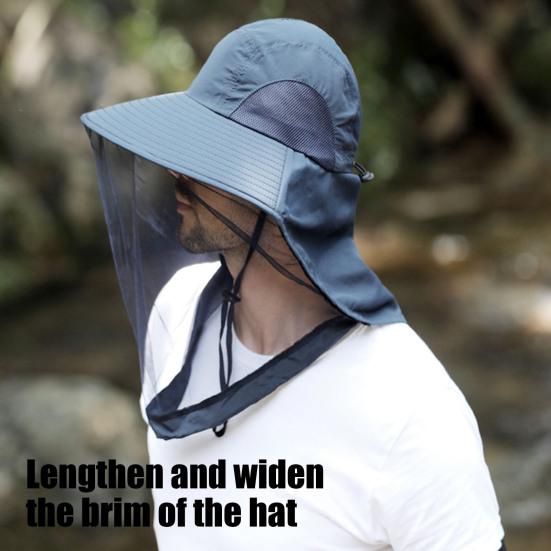 Fishing Hat with Veil Mesh Wide Brim Sun Protection Breathable Hat Mosquito-Proof Adjustable Drawstring Hat