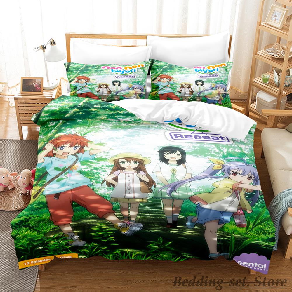 Non Non Biyori Bedding Set Single Twin Full Queen King Size Bed Set Adult Kid Bedroom Duvetcover Sets Anime Girls
