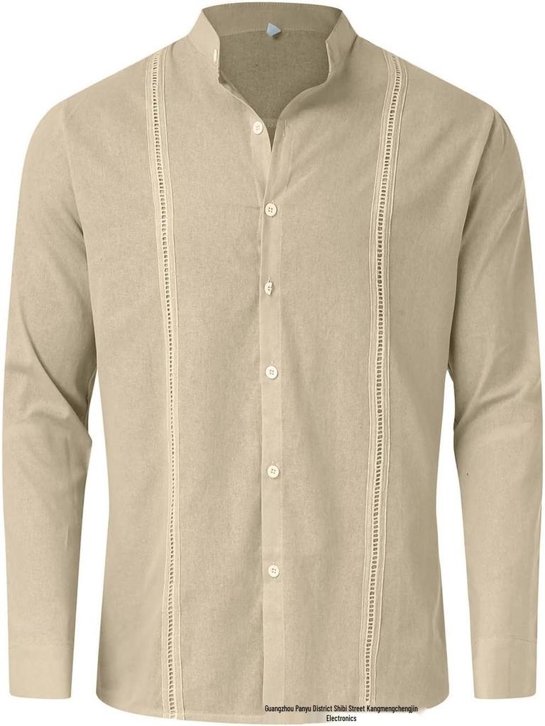 Men's Casual Cotton Linen Stand Collar Shirt - European & American Style for Summer Beach Vacation 2023