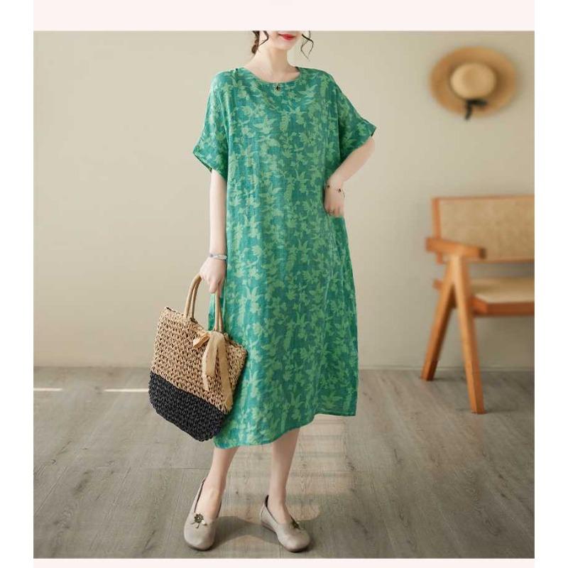 Summer New Spot Retro Flower Literary Women Temperament Knee-length Mid-length Dresses