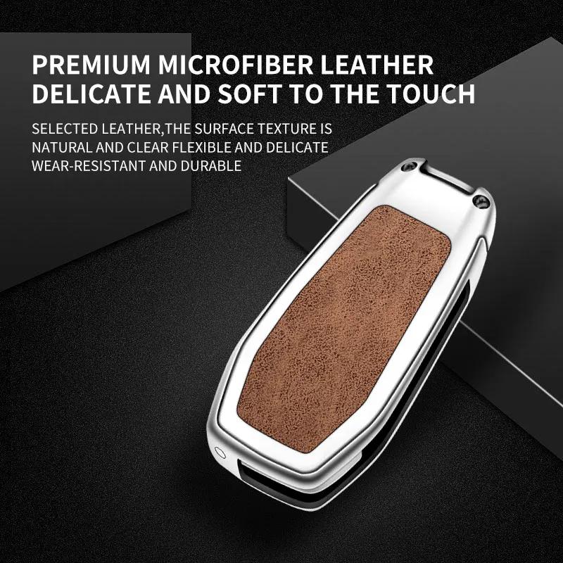 Interior Mouldings Leather Car Metal Key Case Cover For Ford Focus Fusion Mk2 Mk7 Explorer Ranger Uncut Blank HU101 Blade Key Ch