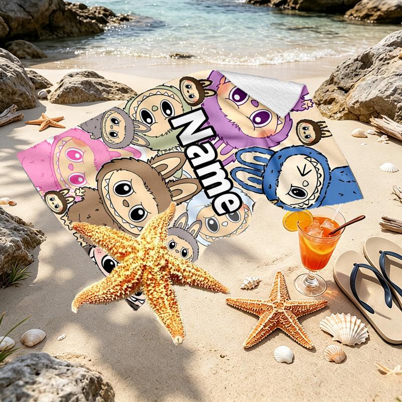 Custom Name Personalized Labubu Print Beach Towel, for Trip Camping Beach Party Home Decor, Birthday Gift for Family & Friends