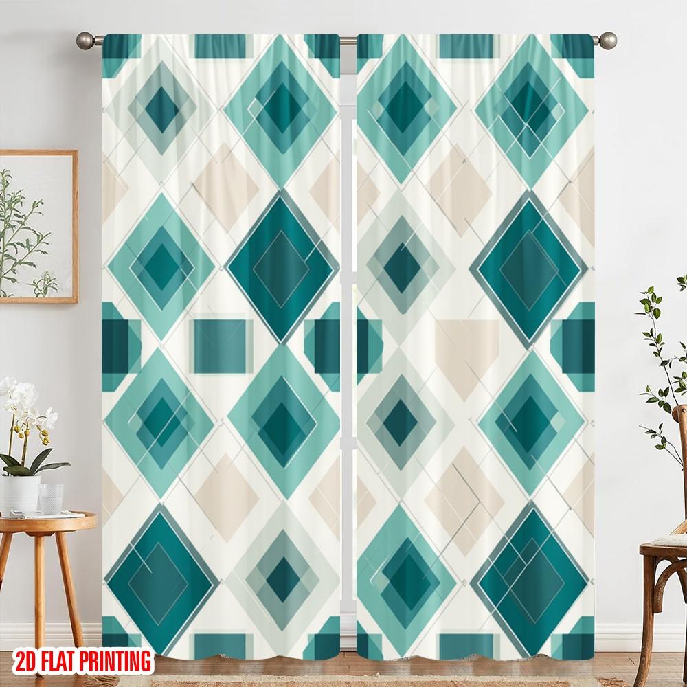 2pcs,2D Plane Printing Contemporary Curtains Geometric Mint Squares Versatile Fabric (without Rod) Art Deco Festive Perfect for