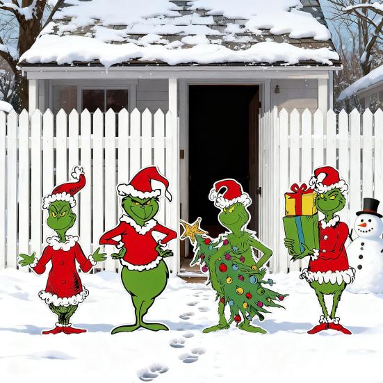 4Pcs/Set Christmas Green Elf Garden Stake Decoration Weather-proof Indoor Outdoor Yard Lawn Patio Pathway Green-haired Elf Sign Stake Ornament