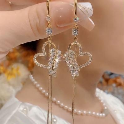 Light Luxury Long Heart-shaped Tassel Earrings with Niche Design, Earrings with Versatile Temperament, New Earrings