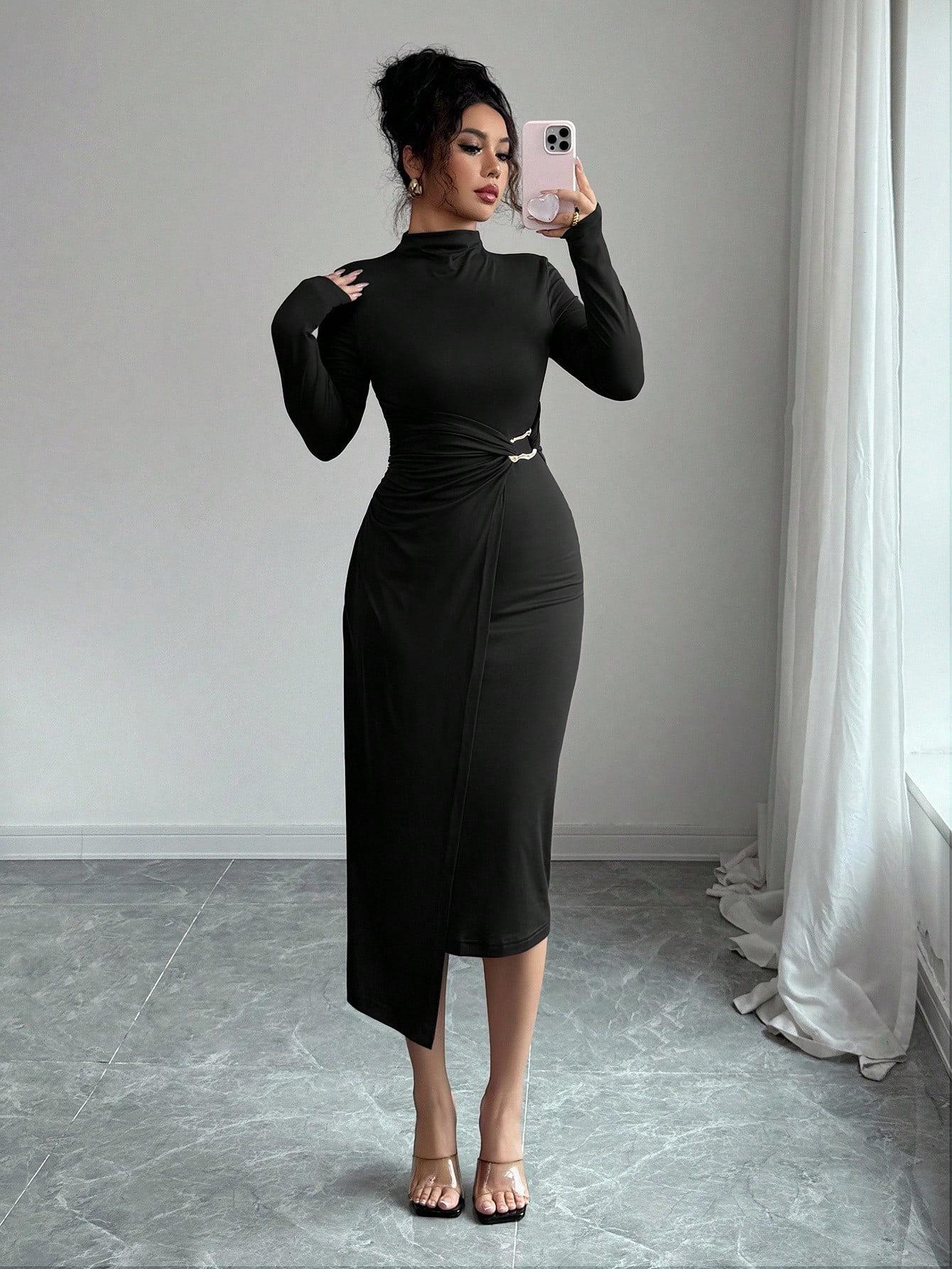 

Spring Small Stand Collar Knit Solid Color Slim Fit Flattering Metal Buckle Dress Mature Style French Retro Slim Sexy Elegant Women Maxi Dress S чёрный