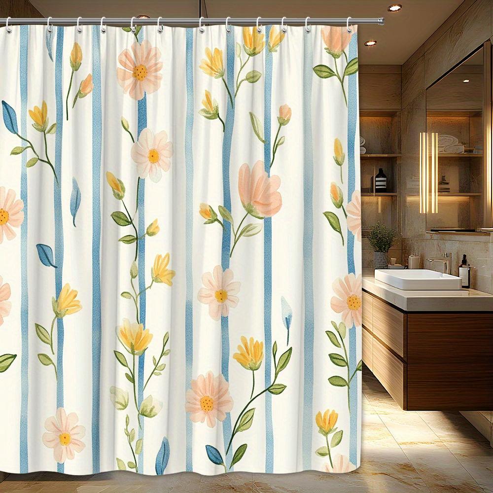 Spring Garden Shower Curtain - Vibrant Watercolor Floral & Stripe Design, Pastel Flowers & Green Leaves W90xH180cm