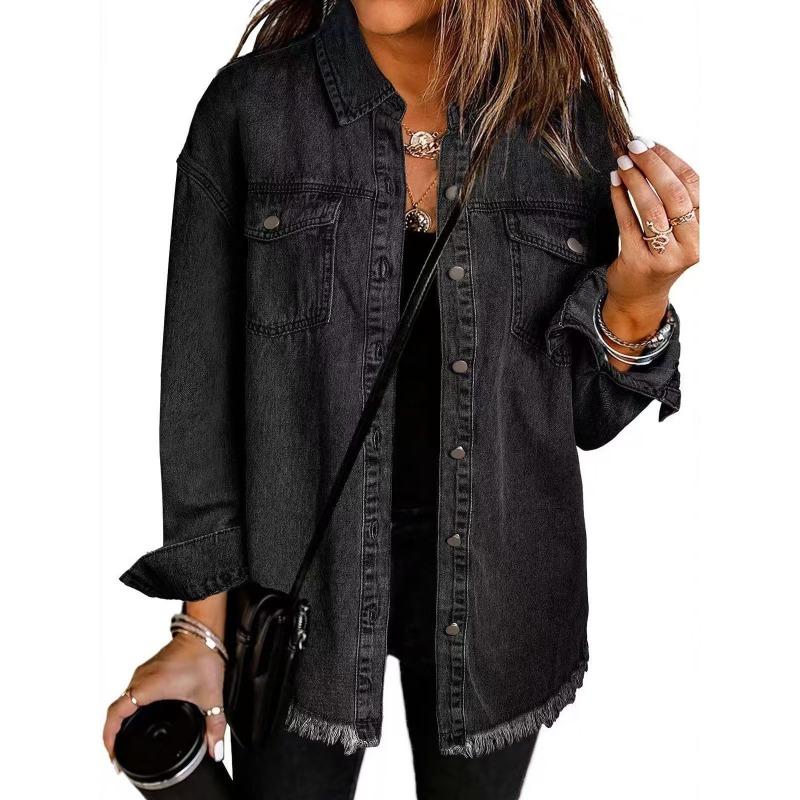 New washed denim shirt jacket women s autumn and winter personality street style edged hem jacket S чёрный