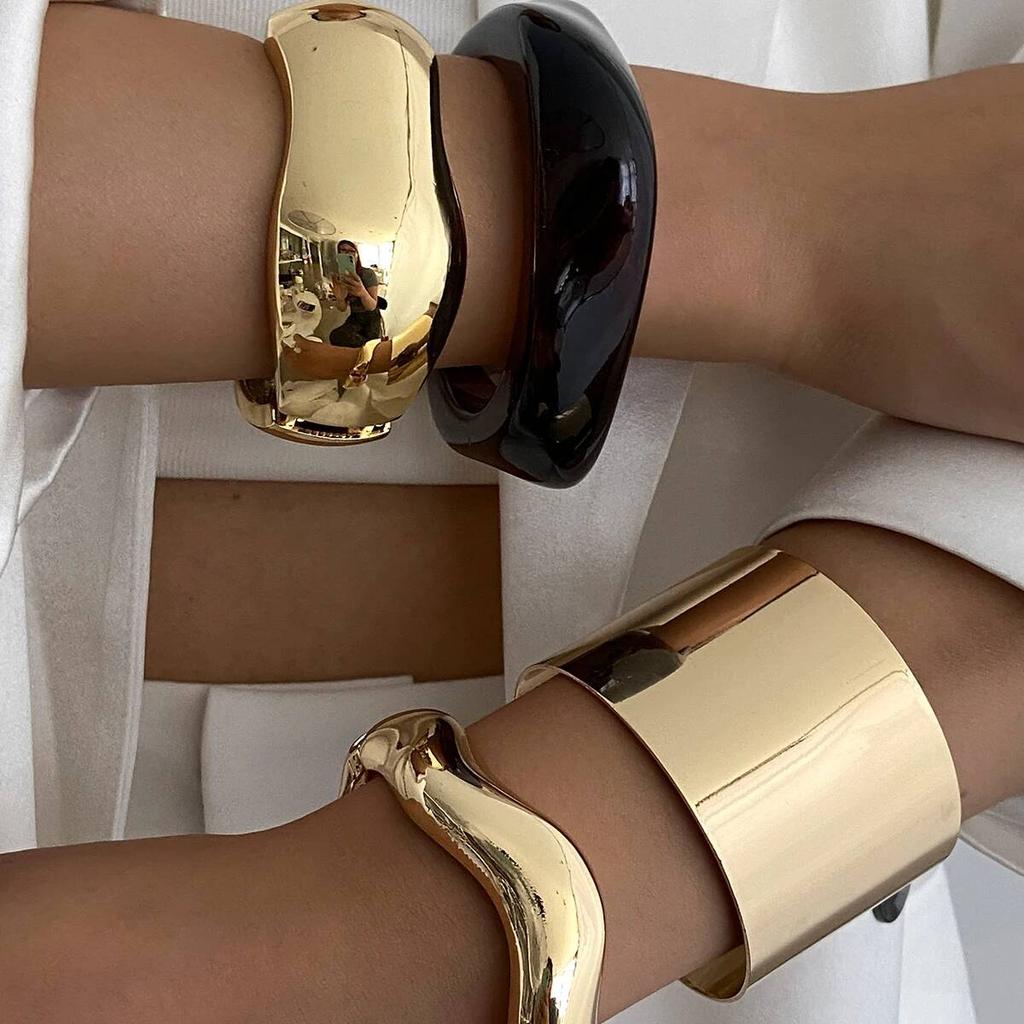 IngeSight.Z 4 Styles Exaggerated Punk Irregular Wide Cuff Chunky Bangles Women Vintage Gold Color Spring Bracelet Grunge Jewelry