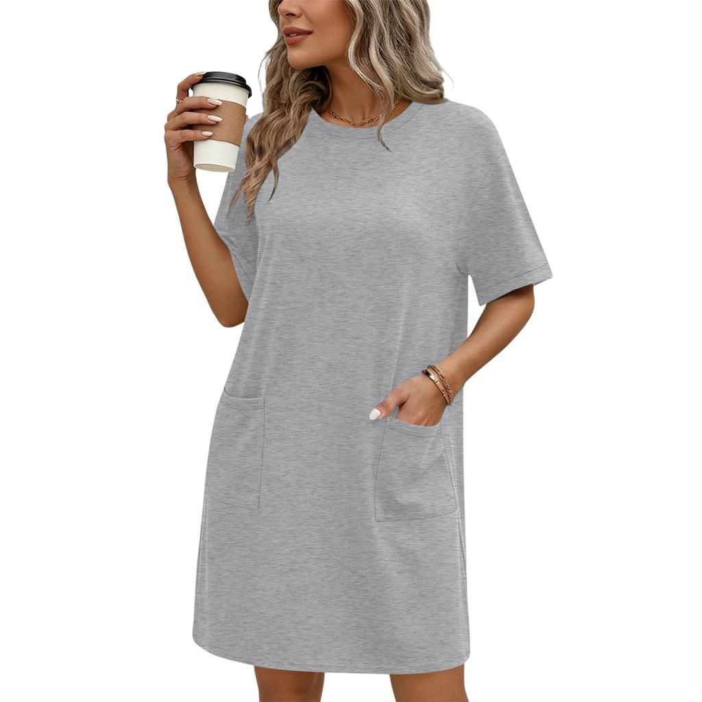 Women's Fashionable Loose-Fit Short-Sleeve Pocketed Loungewear Casual Dress