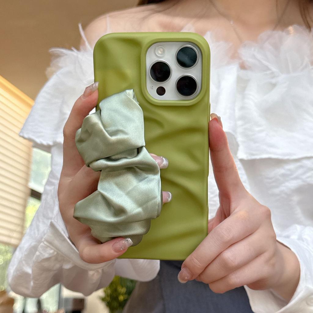 Minimalist Irregular Wrinkle Phone Case with Silk Scarf Wristband for iPhone 11-17 Series, TPU Shockproof Cover with Skin-Friendly Matte Finish