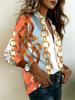 Ladies' Luxurious Shirt - Orange-blue-gold Chain Printed Button-down Blouse | The Overall Style Is Suitable for Evening Events, Weddings, and Parties