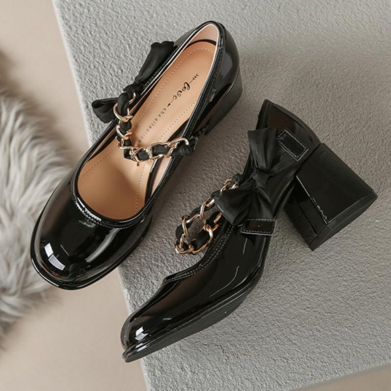 French Pearl Chain Retro Mary Jane Shoes Single Shoes Women's Versatile Leather Shoes