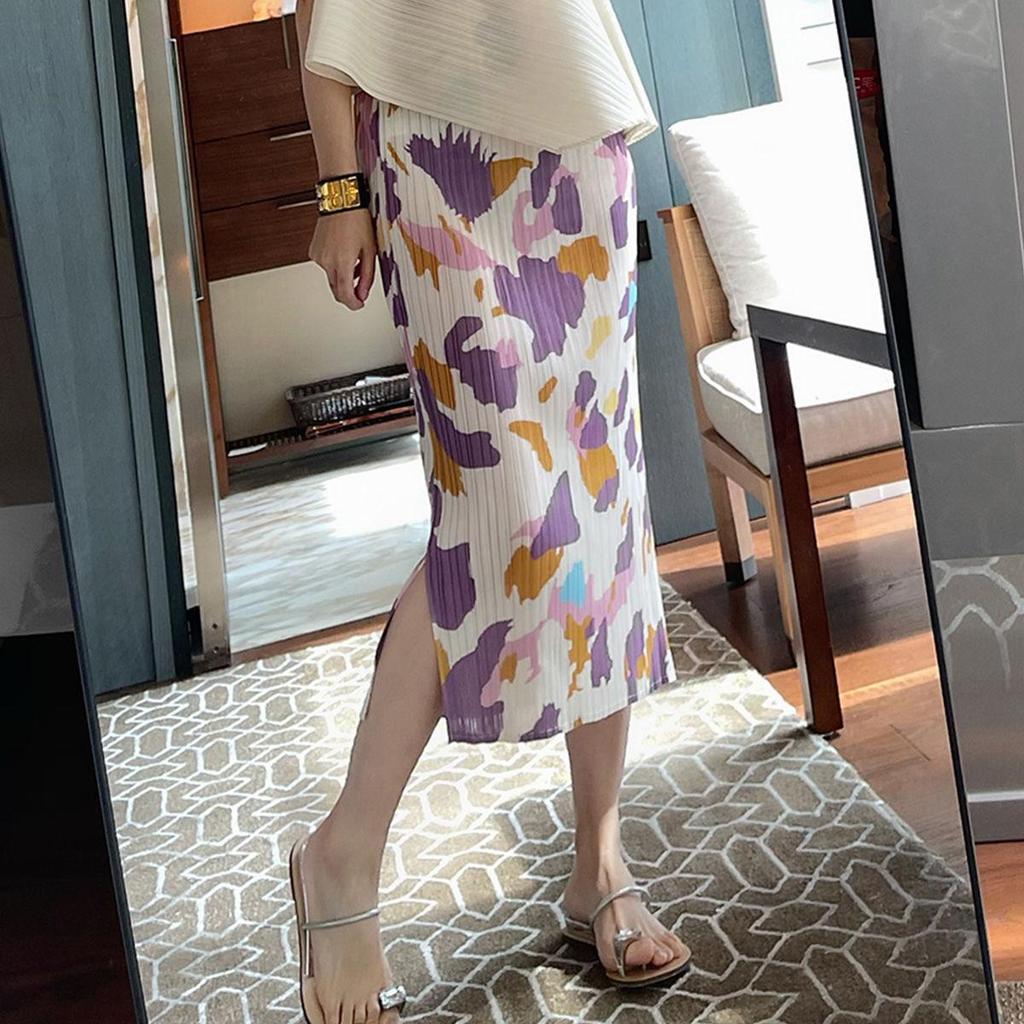 Fashion Printed Pleated Skirt with Side Slit Design for Women's Clothes