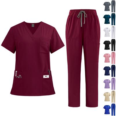 Schnelltrocknender Stoff für Damen, einfarbig, V-Ausschnitt, Tasche, kurzärmelige Hose, Arbeitskleidung