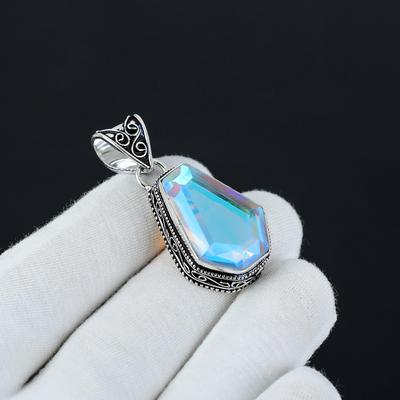Coffin Shape Mystic Topaz Pendant, 925 Sterling Silver Pendant,Handmade Pendant, Coffin Gemstone Jewelry, Silver Jewelry For Women Gift