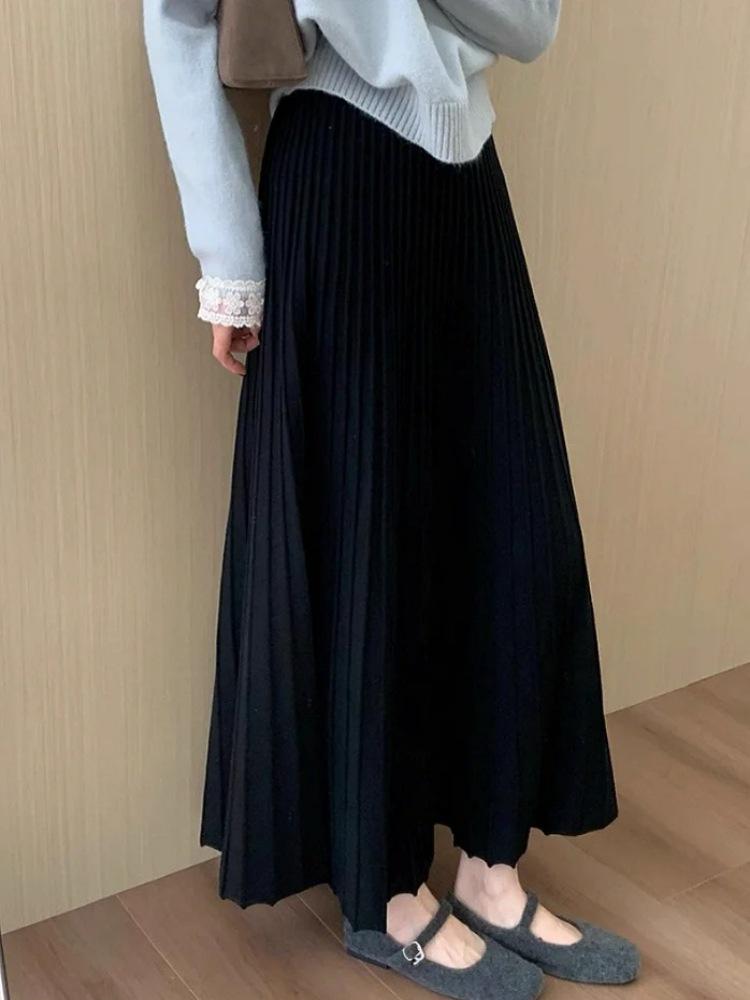 

Flowy High-Waisted A-Line Midi Skirt - Slimming, Soft, and Fluffy Pleated Knit for Women (Autumn/Winter) Large чёрный