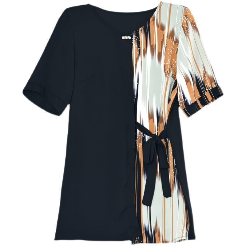 Western-style Loose Short-sleeved Chiffon Shirt Middle-aged and Elderly Summer Round-neck Fashionable Small Shirt