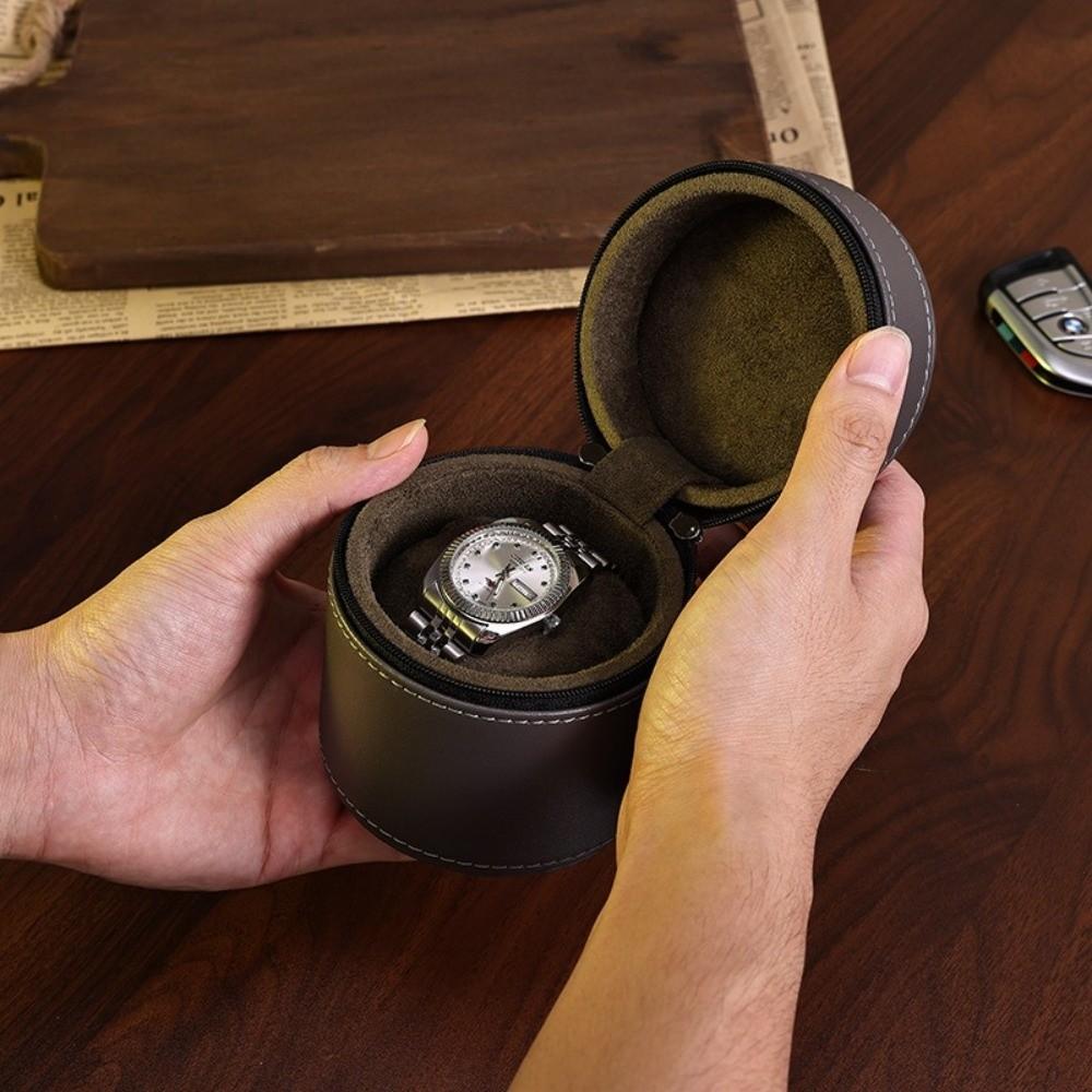 Round Flip-Top Watch Display Case PU Leather Watch Bag Portable Watch Storage Holder  Travel
