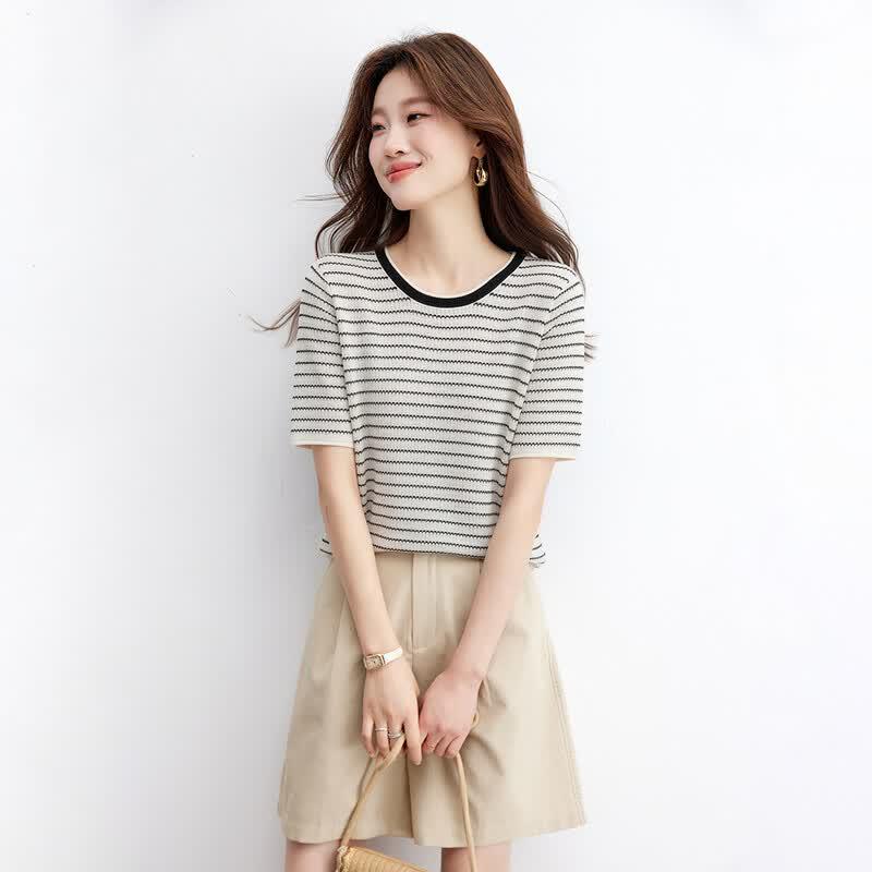 Srcr Women s Mulberry Silk Blend Thin Classic Stripe Knit T-Shirt M