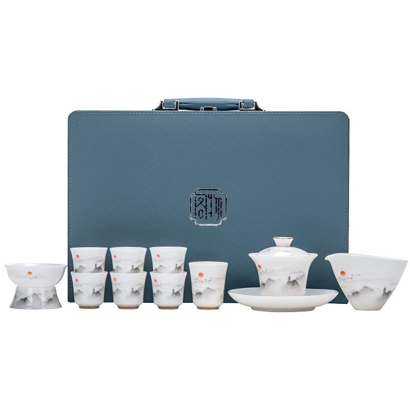 Suet jade white porcelain kung fu tea set full set tea set cover bowl tea cup travel tea set gift box print