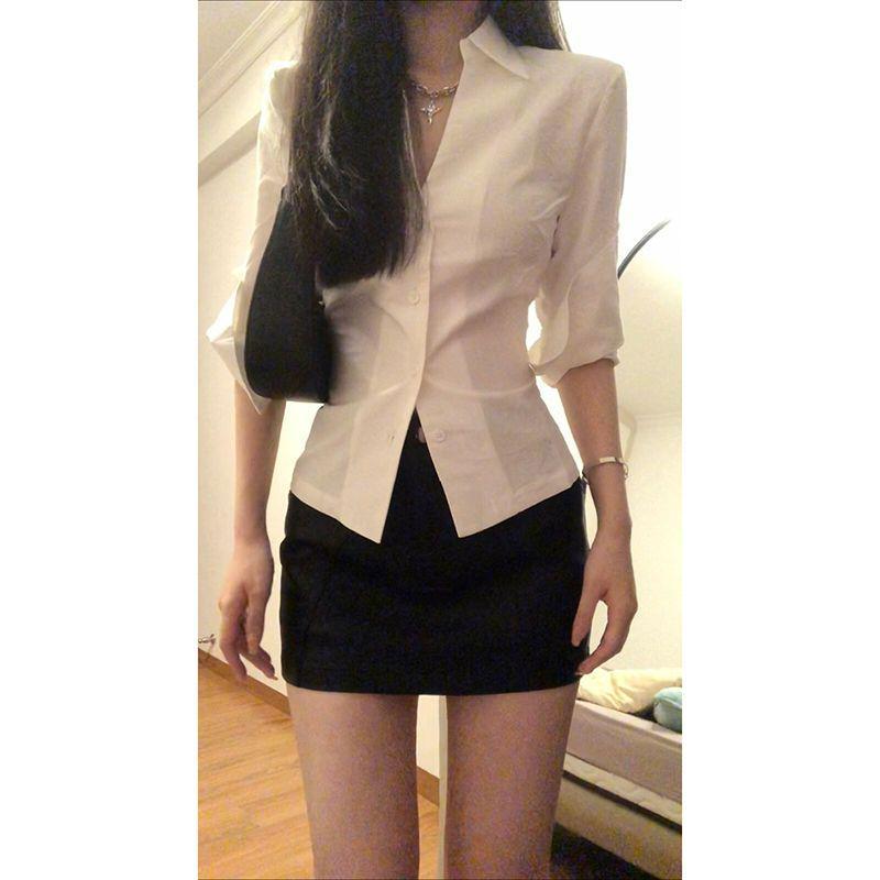Elegant V-Neck White Slimming Long Sleeve Shirt for Women - Perfect Summer Professional Work Suit