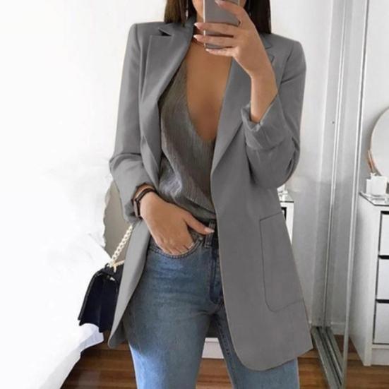 Costume de bureau mode pour femme Couleur unie Sans bouton Revers Coupe ajustée Blazer Manteau