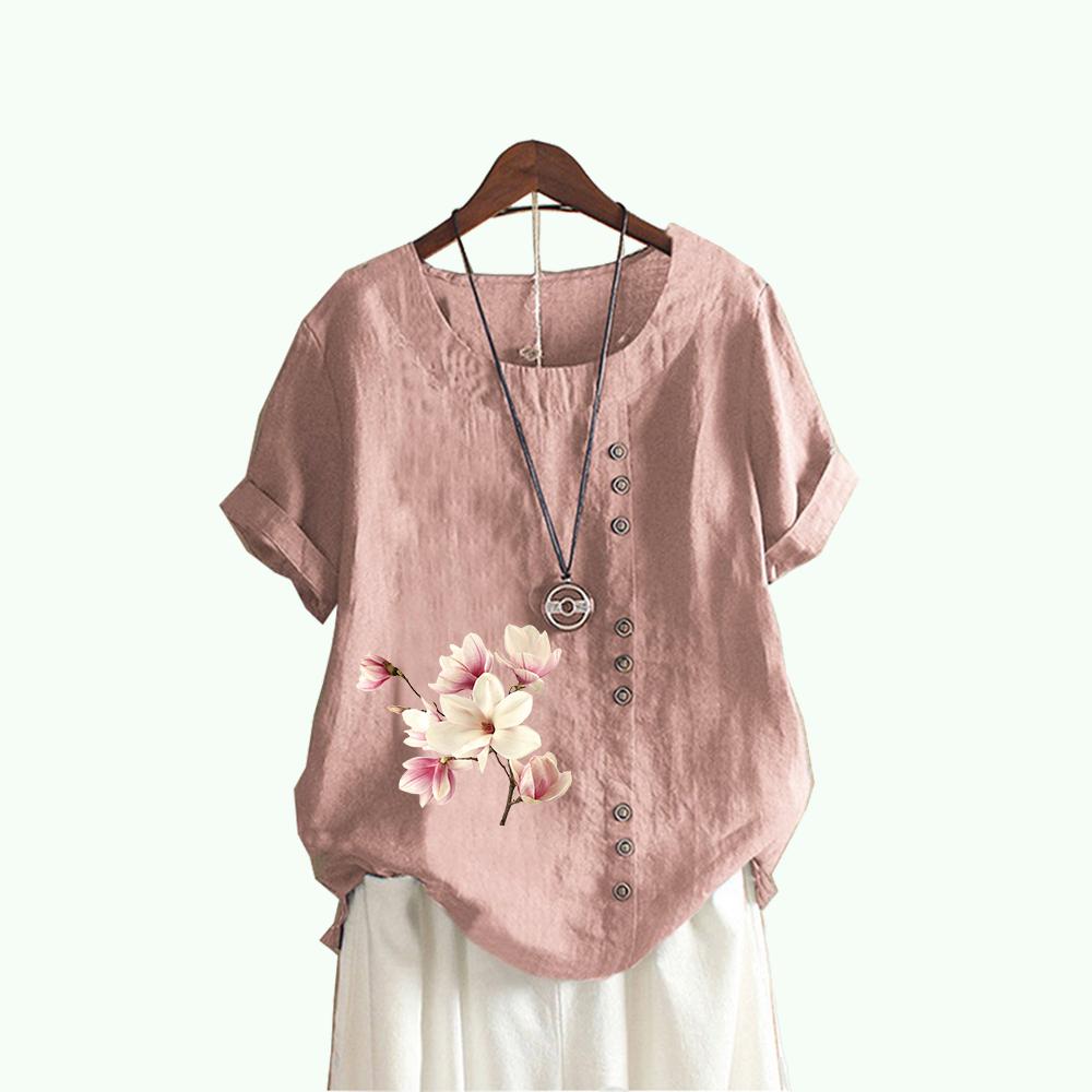 Women Fashion Floral Print T-shirt Summer&fall Casual Round Collar Short Sleeve Top Pullover Loose Cotton Linen Blouses