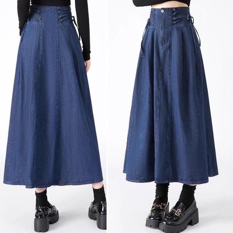 Frühling Herbst Damen Übergröße Mode Hohe Taille Lässig Jeansrock Midilänge A-Linien-Rock