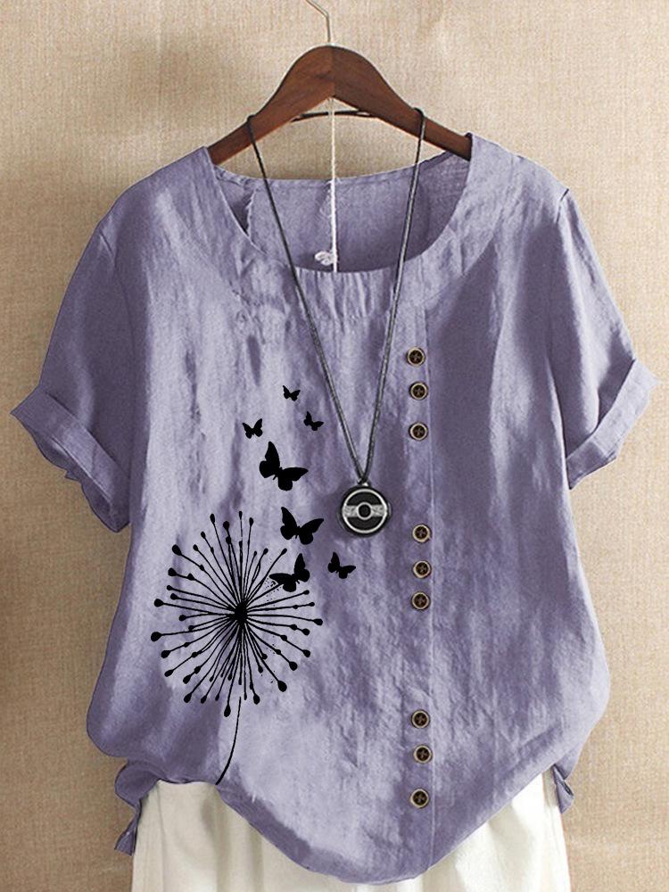 Large casual loose butterfly print short sleeved pullover T-shirt retro cotton and linen women's clothing