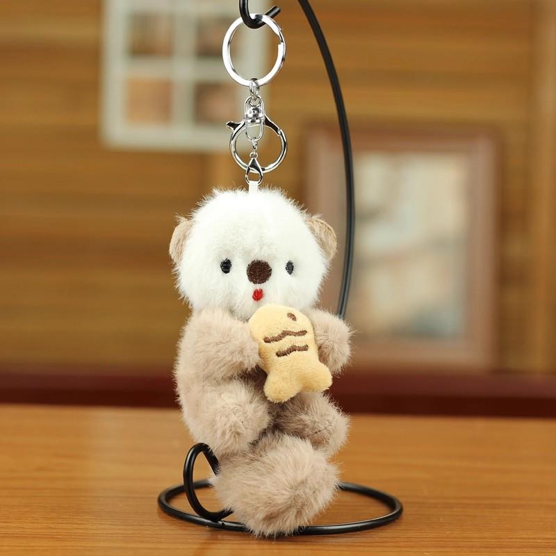 2pcs Fashion Lovely Plush Otters Holding Fish Key Chains Cartoon Cute Otters School Bag Pendant Keyring Funny Toy Student Gifts