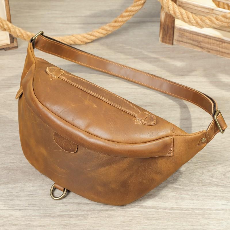 Crazy Horse Leather Retro Men's Waist Bag Outdoor Sports Single Shoulder Crossbody Large Capacity Leisure Multi Functional Chest